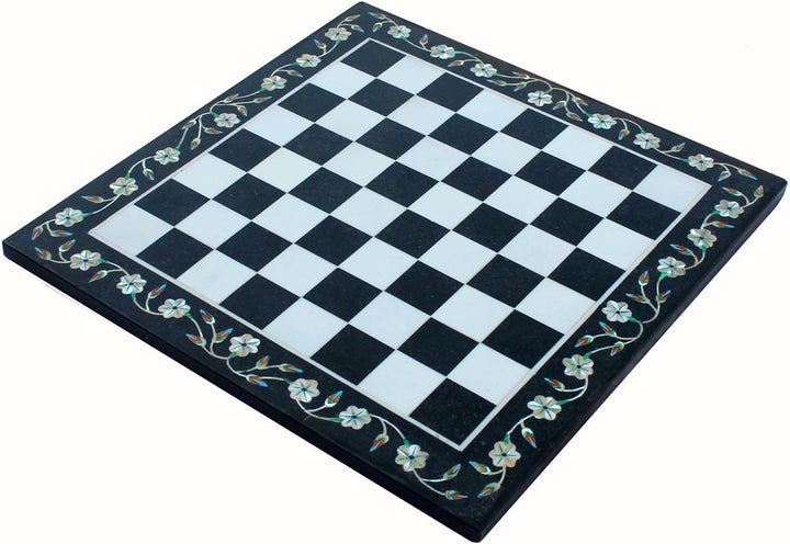 Black & White Marble Chess Board with Pietra Dura Inlay Art
