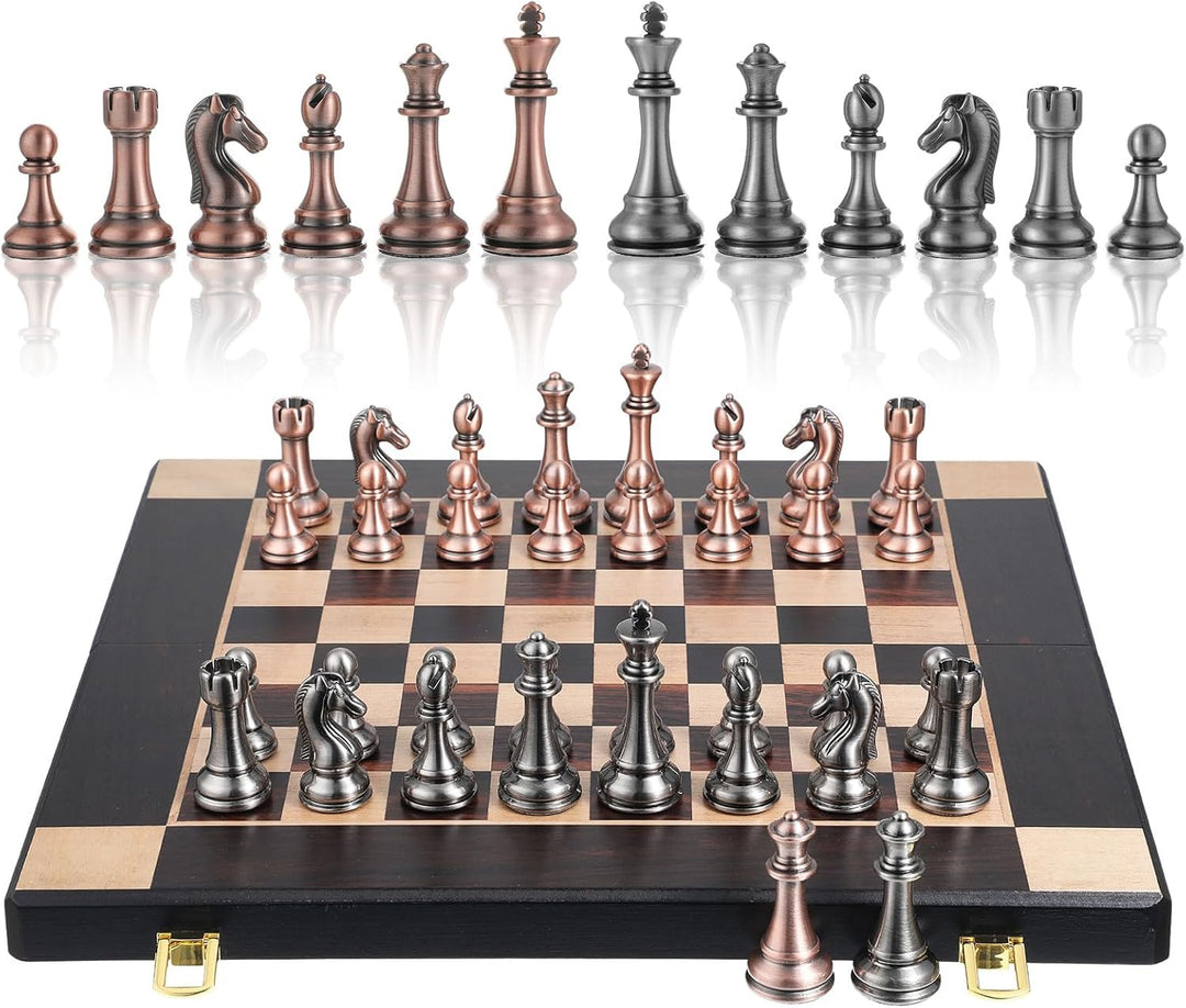 15-Inch Large Chess Set with Metal Chess Pieces – Foldable Wooden Board with Storage