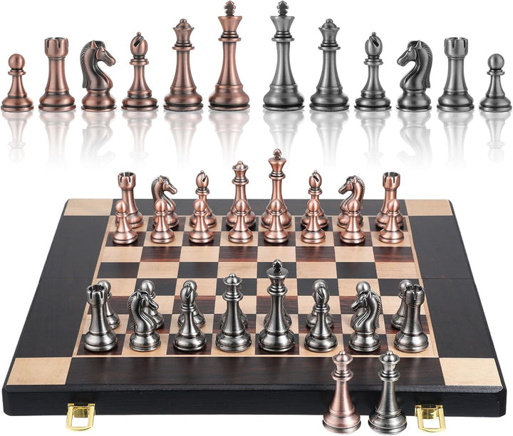 15-Inch Large Chess Set with Metal Chess Pieces – Foldable Wooden Board with Storage