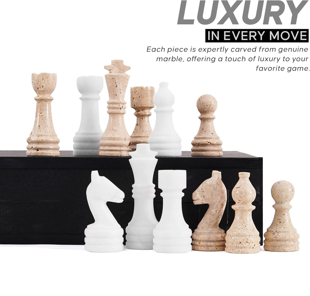 Marble chess pieces on a black and white surface with promotional text about luxury.