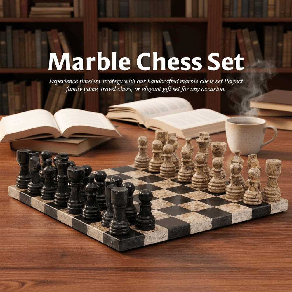 Marble Chess Set 12" Black & Coral with 32 Chess Pieces & 2 Extra Queens - Chess'n'Boards