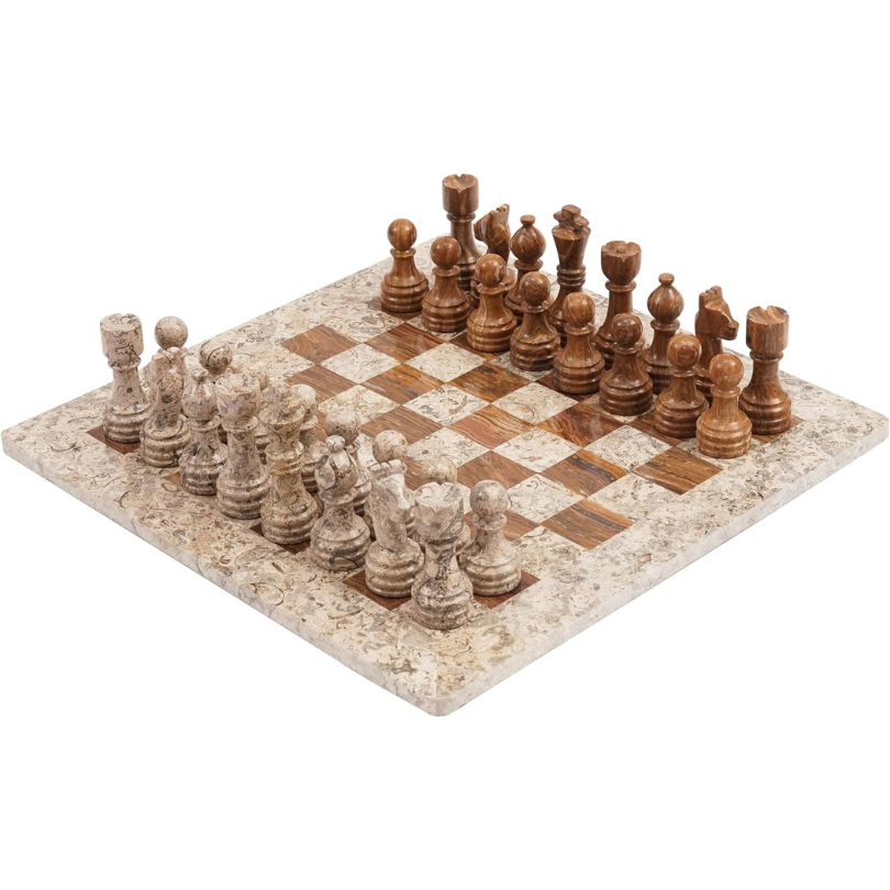 A 15-inch marble chess set with pieces arranged on the board, showcasing beige and dark brown colors.