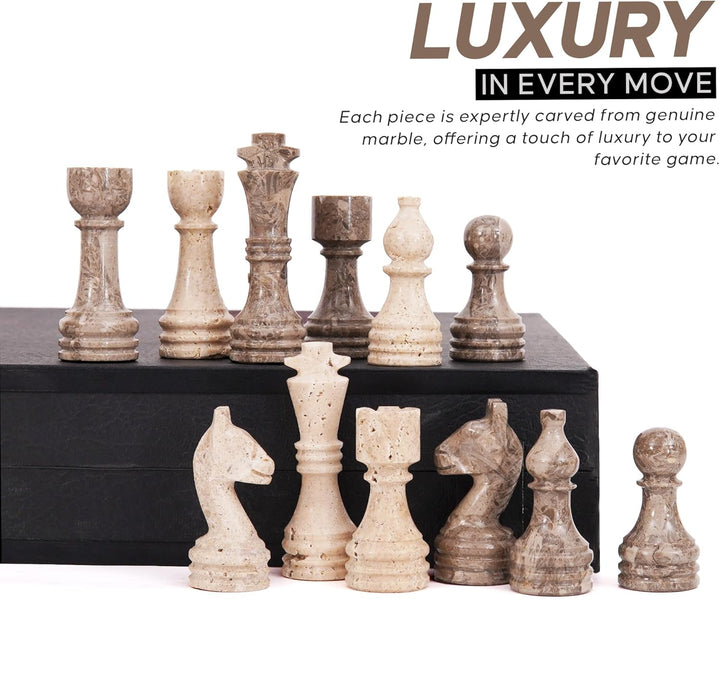 Marble chess pieces on a black base with promotional text about luxury.