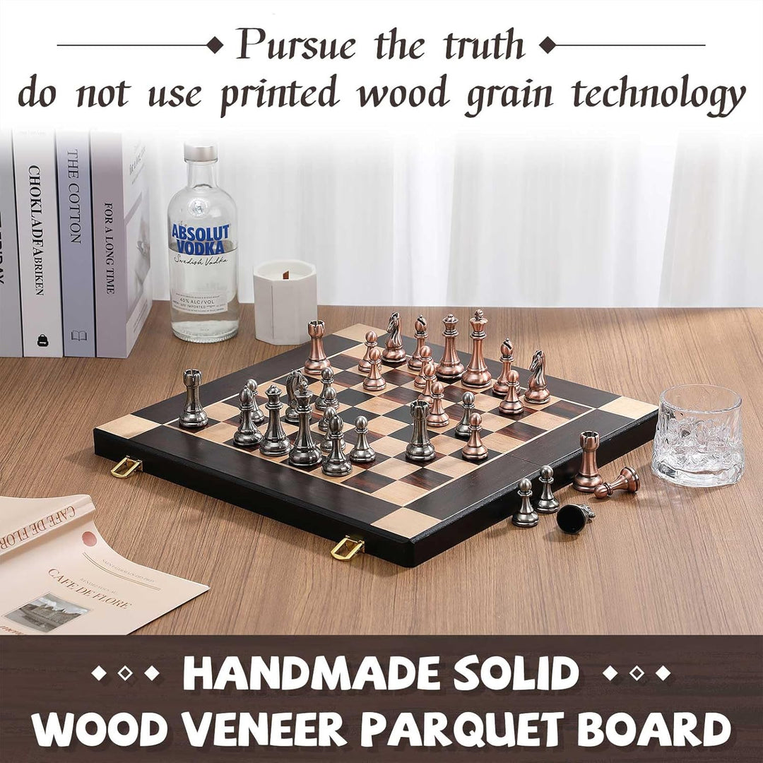 15-Inch Large Chess Set with Metal Chess Pieces – Foldable Wooden Board with Storage