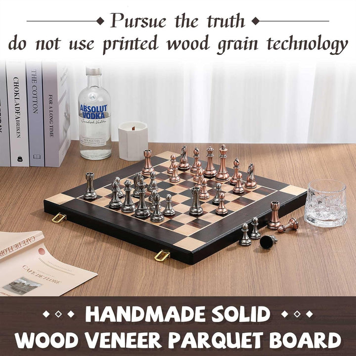 15-Inch Large Chess Set with Metal Chess Pieces – Foldable Wooden Board with Storage