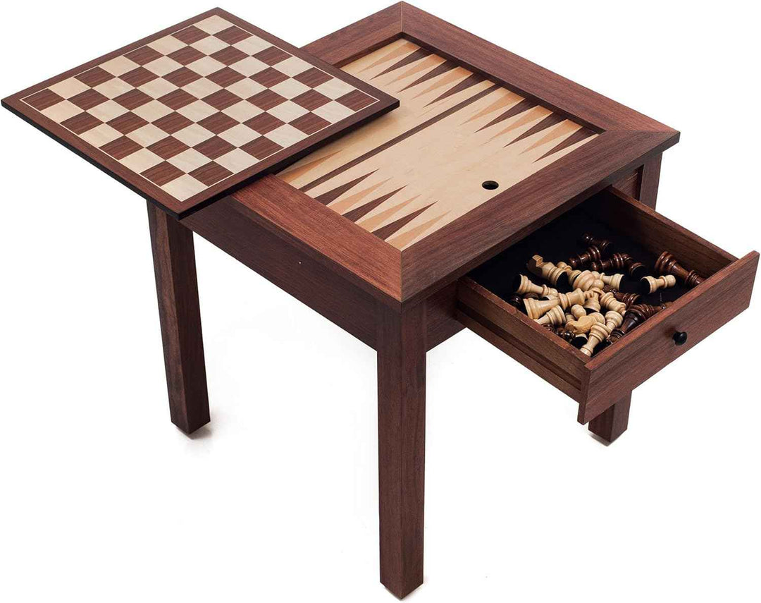 Game Table - 3-in-1 Reversible Tabletop with Veneered Wood, Chess, and Backgammon