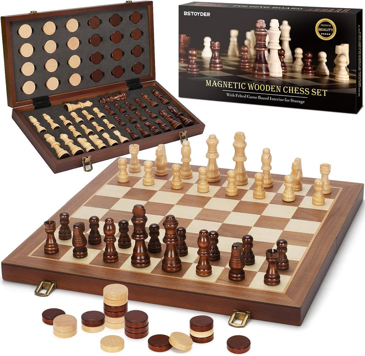 2 in 1 Magnetic Wooden Chess and Checkers Board Game Set