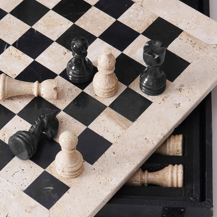 Marble Chess Set 15 Inch Handmade Travertine & Black