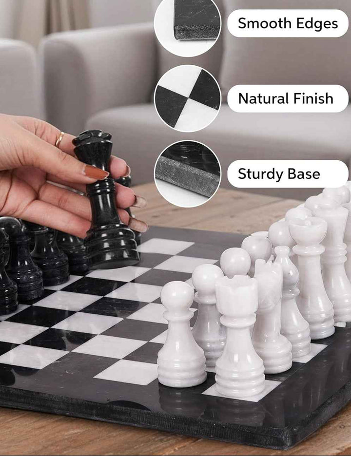 Black and White Marble Chess Set, 15" Board, 34 Hand-Polished Pieces, Storage Box