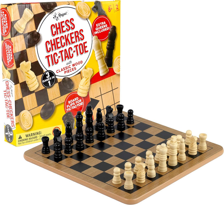 Reversible Wooden Board for Chess, Checkers & Tic-Tac-Toe