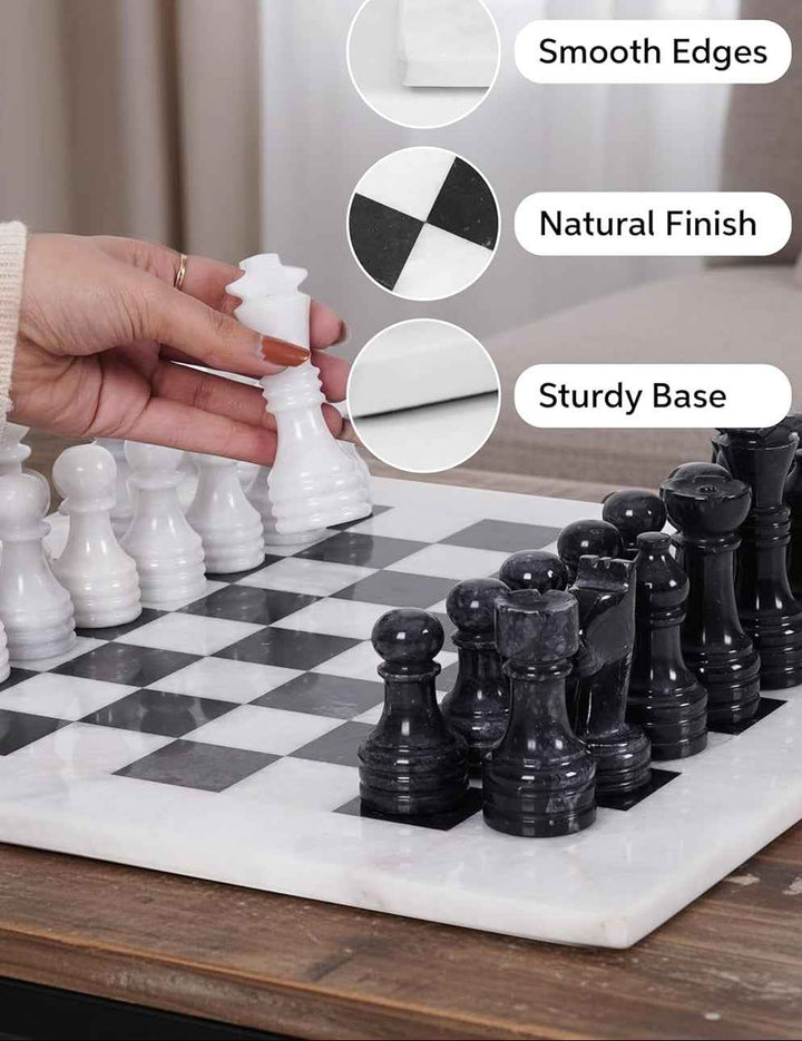 Black and White Marble Chess Set, 15" Board, 34 Hand-Polished Pieces, Storage Box