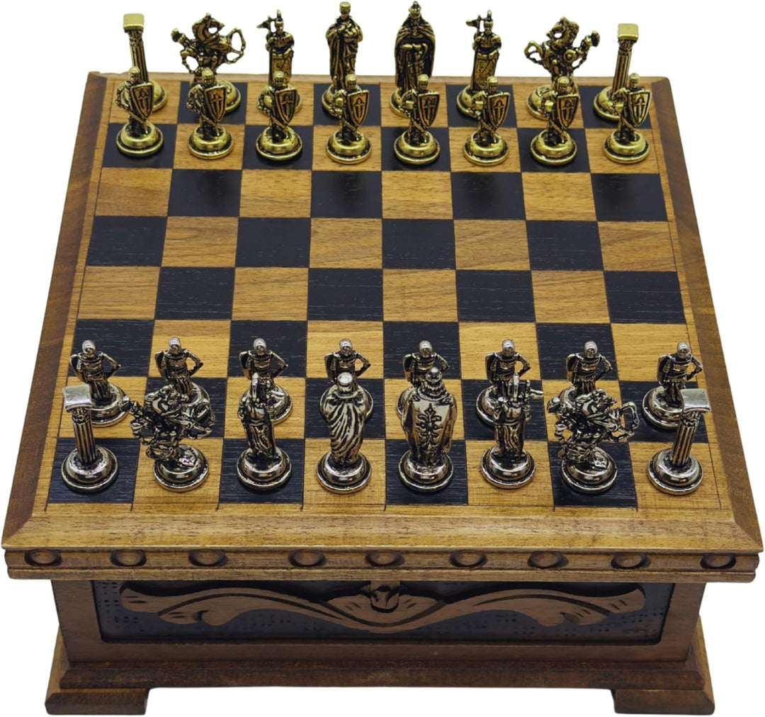 Handcrafted Chess Board and British Figure Metal Chess Pieces (Gold)