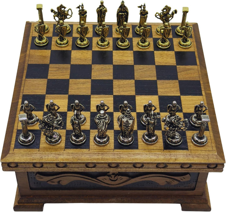 Handcrafted Chess Board and British Figure Metal Chess Pieces (Gold)