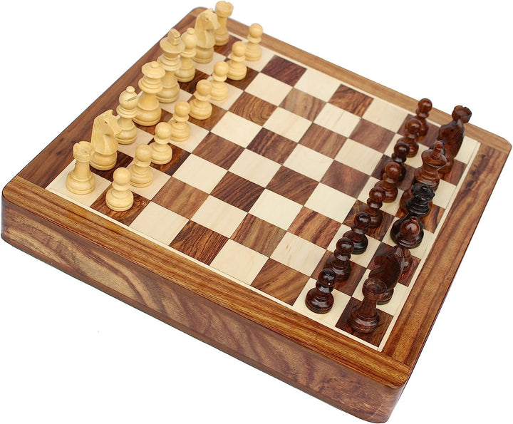 Jeu d'échecs indien fait à la main avec tiroir en bois et rangement, taille 30,5 x 30,5 cm