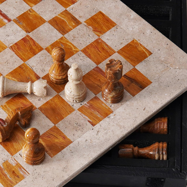 Marble Chess Set 15 Inch Handmade Travertine & Brown