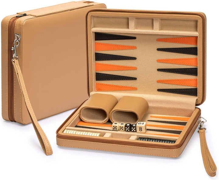 Travel Size Backgammon Mini Game Set, Magnetic Checkers Yellow and 9-inch Board in Sleek Leatherette Case - Classic Strategy Board Game