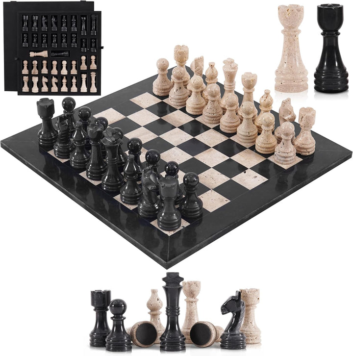 Marble Chess Set 15" Inches Handmade Black & Travertine with Storagebox