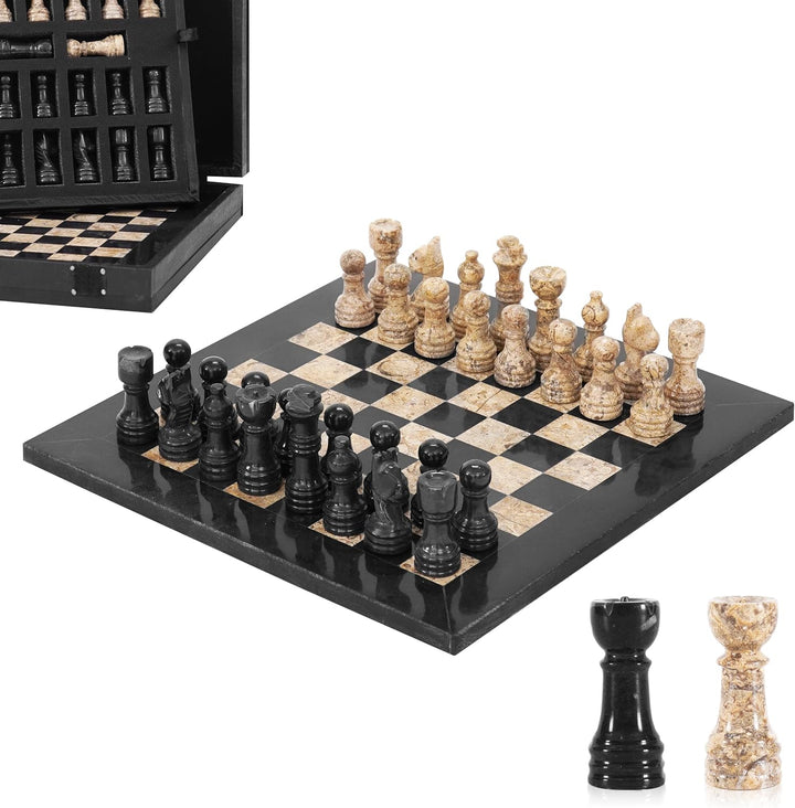 Marble Chess Set 10 Inches Fossil Coral and Black with Storagebox