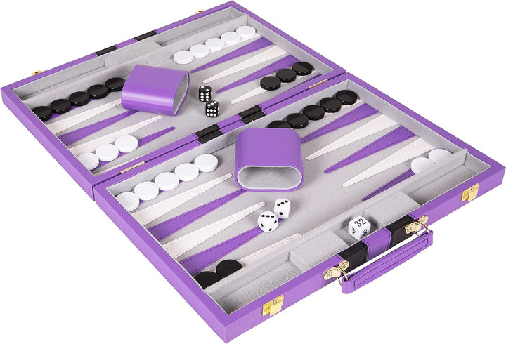 Backgammon Set - Classic Board Game in Purple for Adults and Kids with Premium Leather Case - with Strategy & Tip Guide