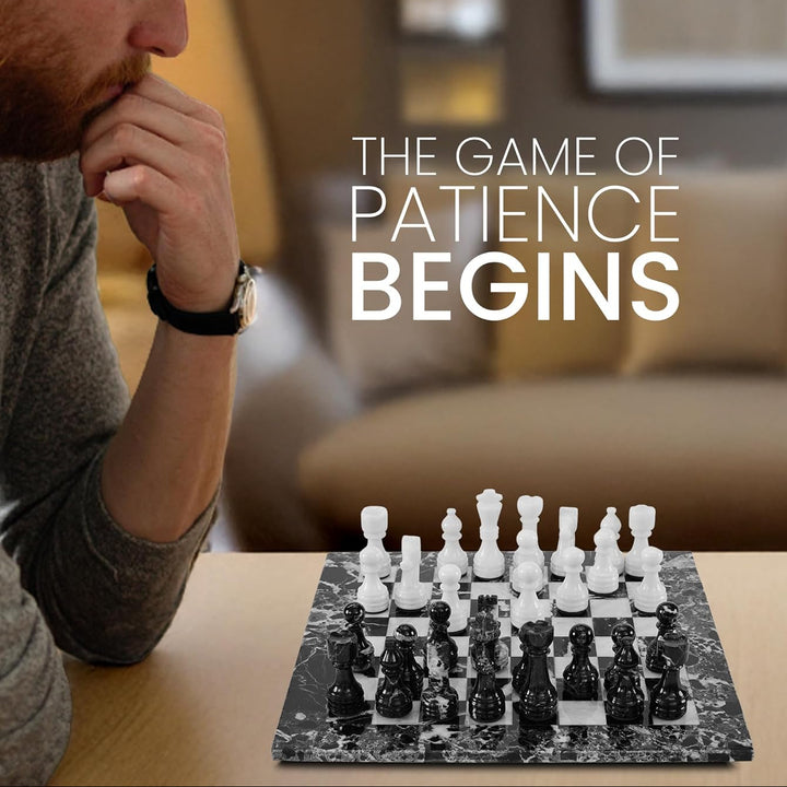 Man playing chess with text 'The Game of Patience Begins' and 'Earthen Crafts' branding.
