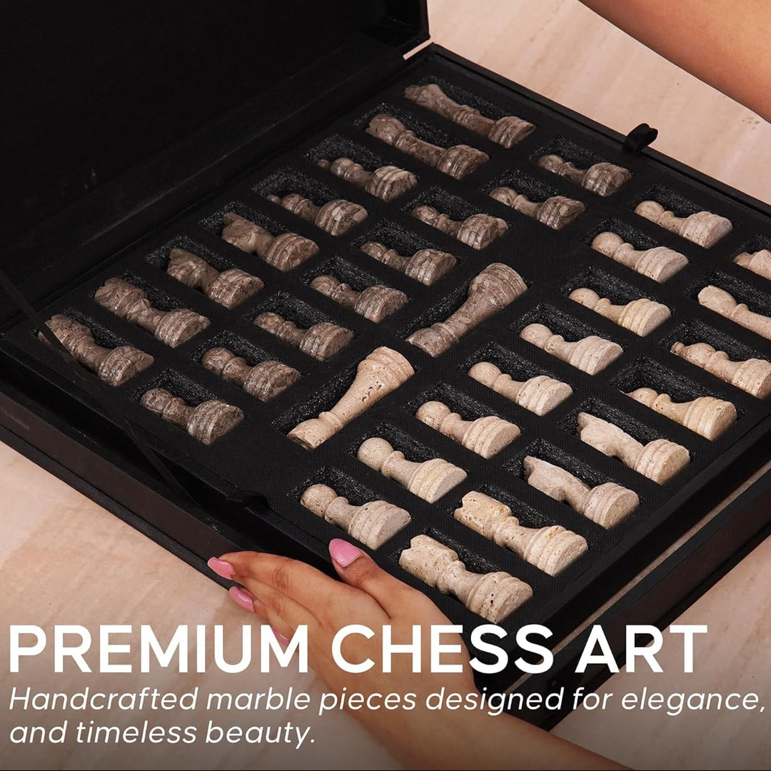Handcrafted marble chess pieces in a black storage case with 'Speshstones' branding.