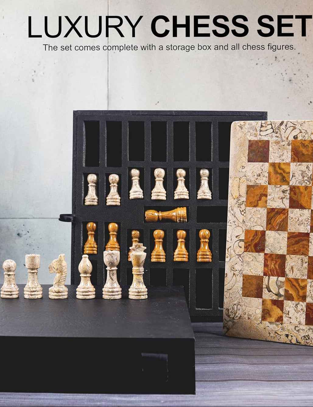 Marble Chess Set 10 Inches Fossil Coral and Dark Brown with Storagebox