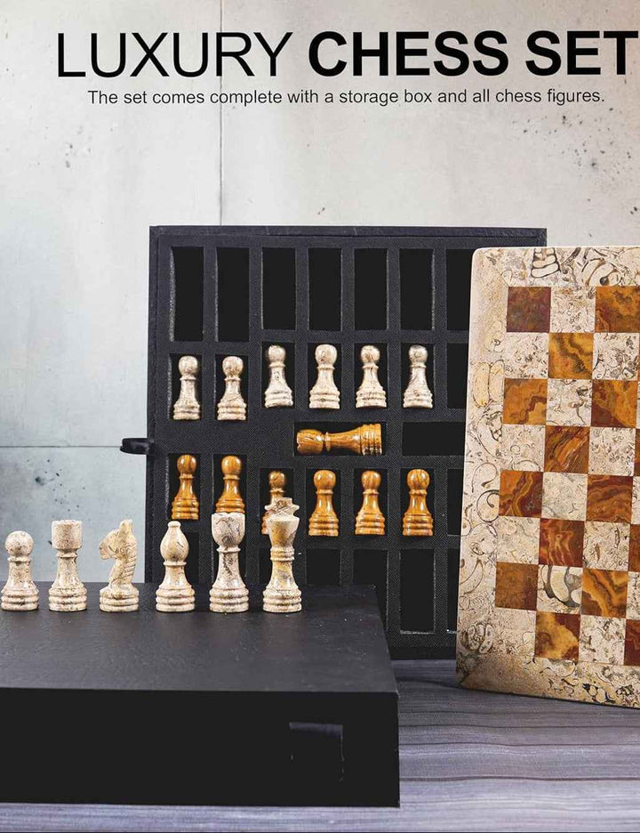 Marble Chess Set 10 Inches Fossil Coral and Dark Brown with Storagebox