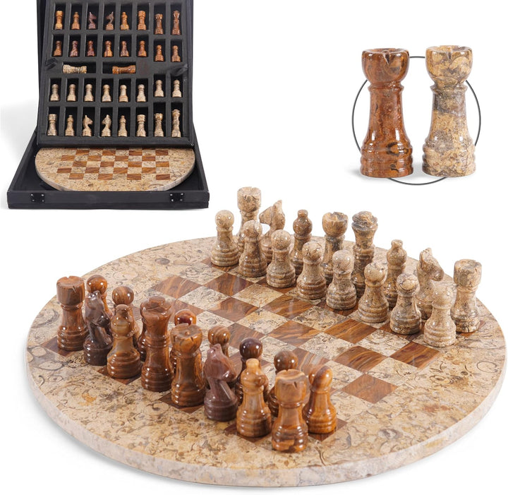 Coral-Red Marble Chess Set - 12" Circular Board, 34 Hand-Polished Pieces, Storage Box