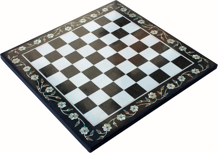 Black & White Marble Chess Board with Pietra Dura Inlay Art