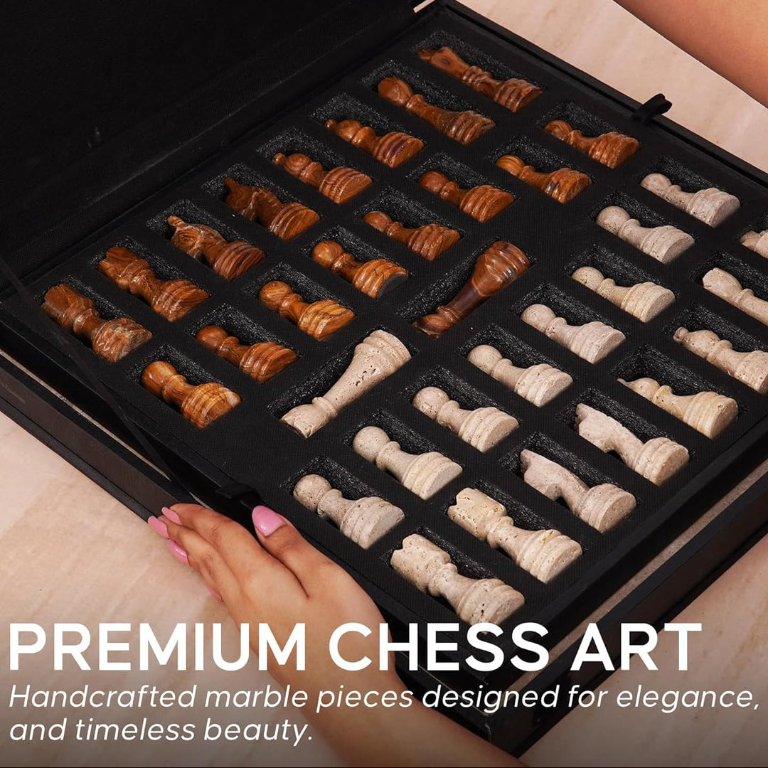 Person opening a black case containing handcrafted marble chess pieces with Speshstones branding.