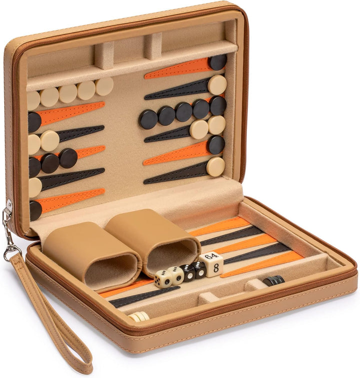 Travel Size Backgammon Mini Game Set, Magnetic Checkers Yellow and 9-inch Board in Sleek Leatherette Case - Classic Strategy Board Game