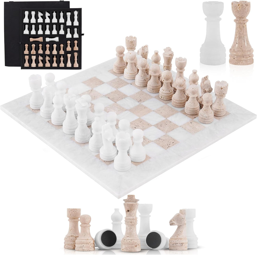 Marble Chess Set 15" Inches Handmade White & Travertine with Storagebox