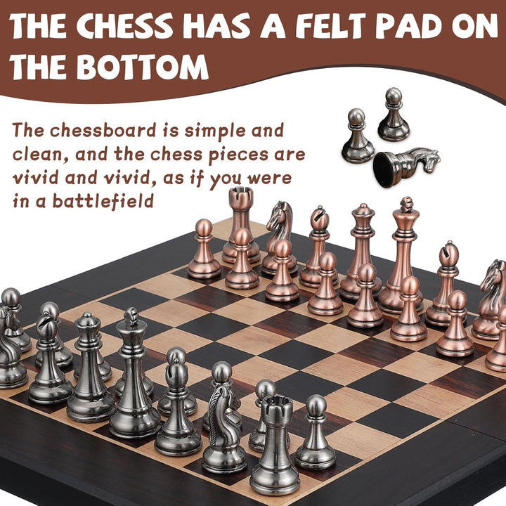 15-Inch Large Chess Set with Metal Chess Pieces – Foldable Wooden Board with Storage