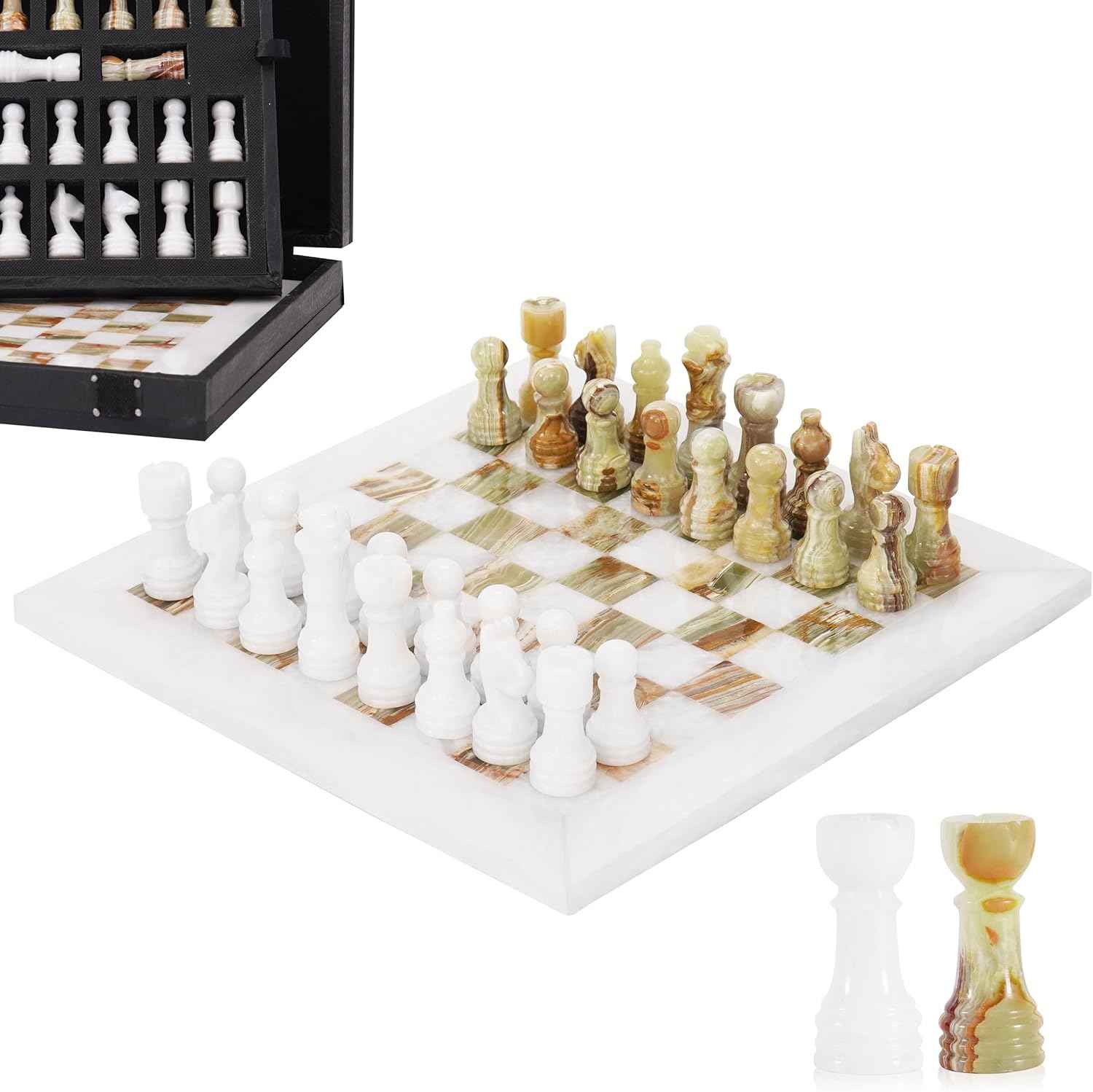 White and Green Onyx Marble Chess Set- 10" Board with Storage Box