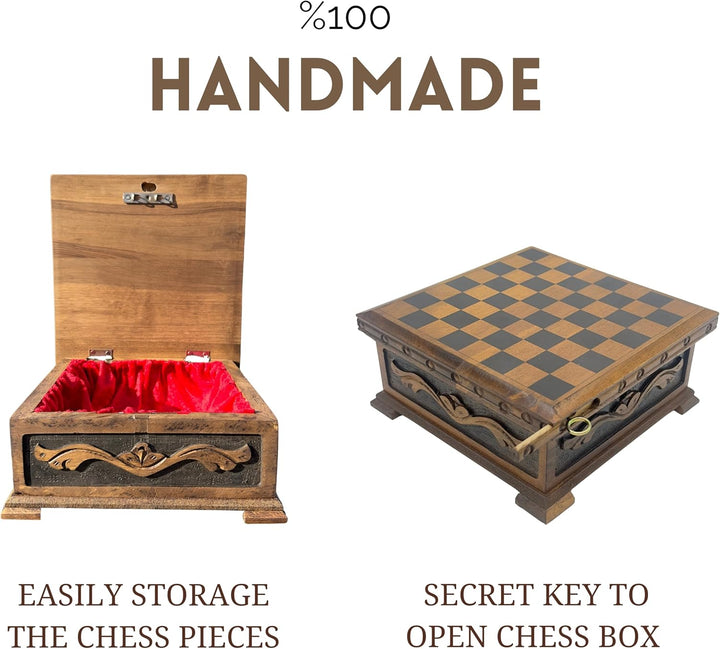 Handcrafted Chess Board and British Figure Metal Chess Pieces (Gold)