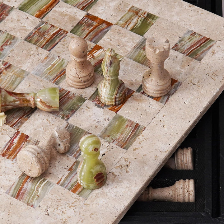 Marble Chess Set 15 Inch Handmade Travertine & Green Onyx