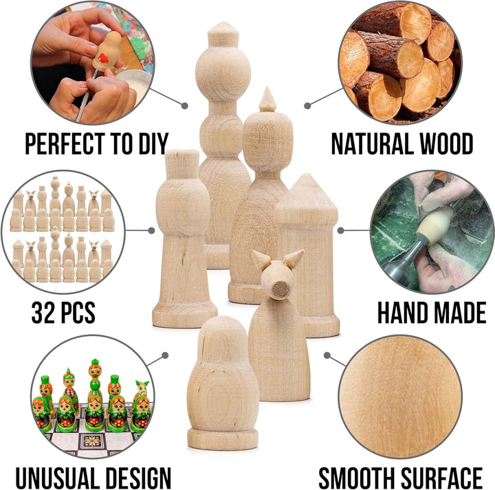 DIY Chess Pieces Only Set of 32 pcs - Unpainted Chess Sets for DIY