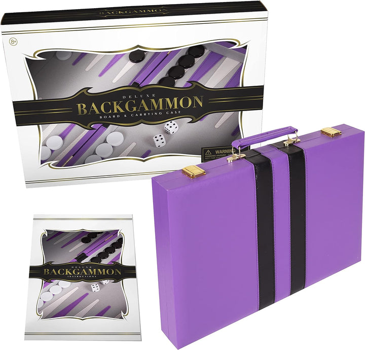 Backgammon Set - Classic Board Game in Purple for Adults and Kids with Premium Leather Case - with Strategy & Tip Guide