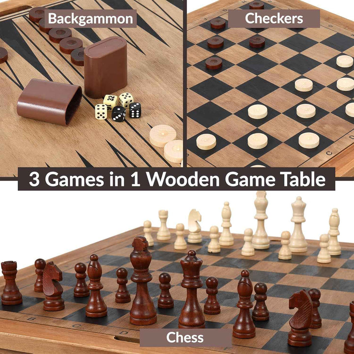 Wooden Chess Table | Chess, Checkers and Backgammon 3 in 1 Combo Game Table (Colonial Finish)