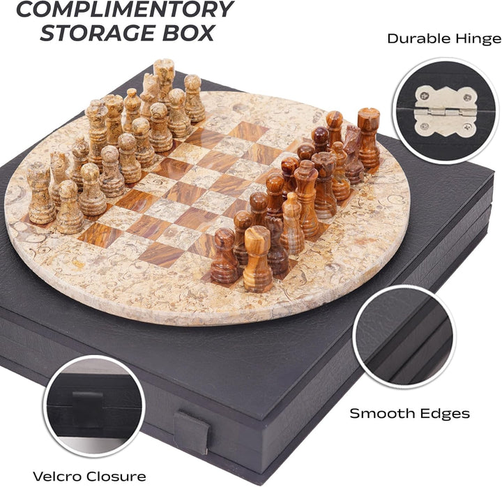Coral-Red Marble Chess Set - 12" Circular Board, 34 Hand-Polished Pieces, Storage Box