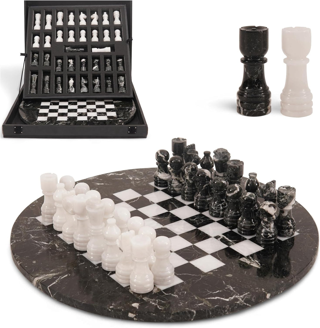 White & Black Marble Chess Set - 15" Circular Board, 34 Hand-Polished Pieces, Storage Box