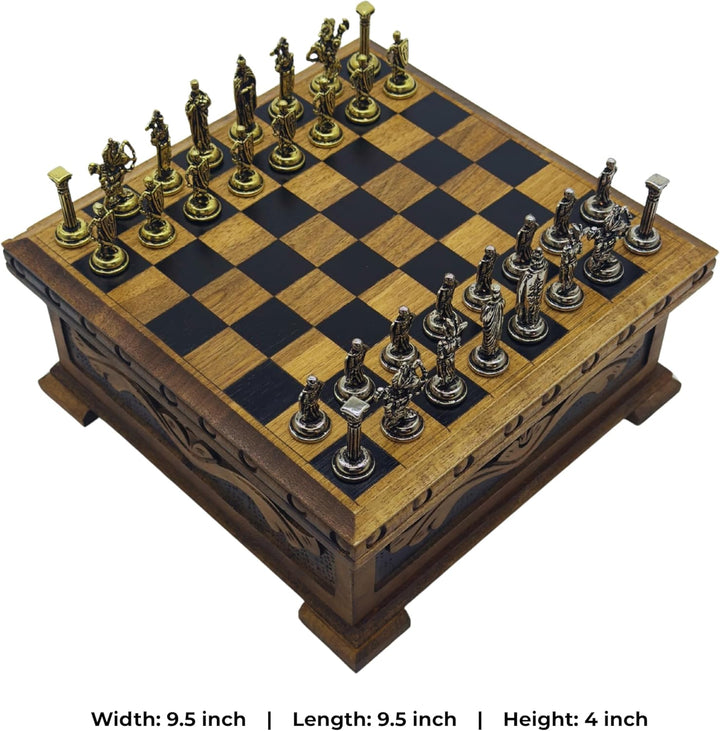 Handcrafted Chess Board and British Figure Metal Chess Pieces (Gold)
