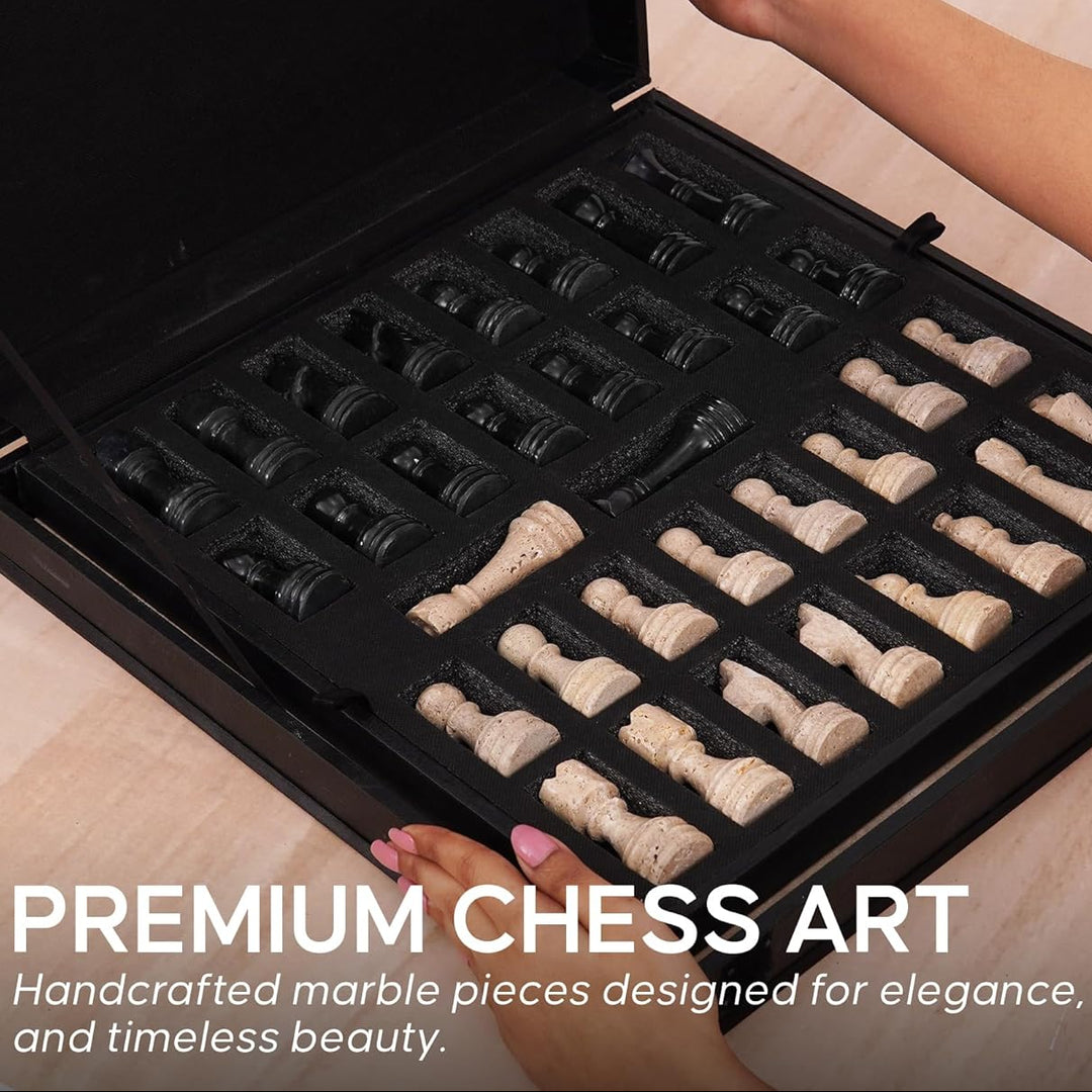 Person opening a black chess set box containing marble chess pieces.