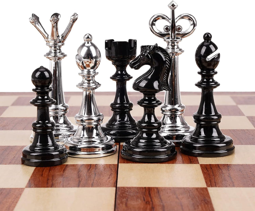 Metal Chess Set and Checkers Game Set 15 inch Black and Silver