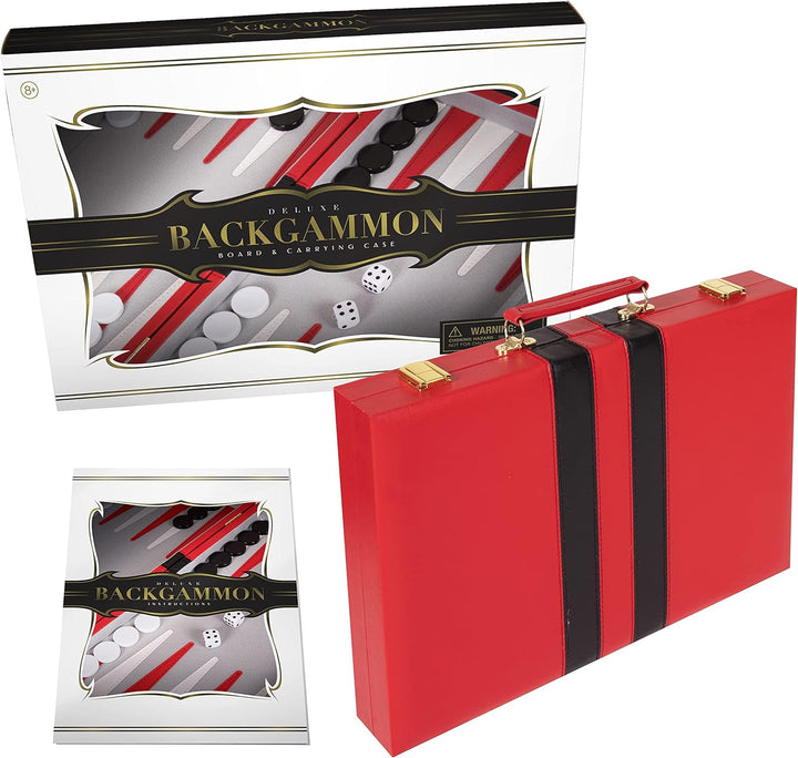 Backgammon Set - Classic Board Game in Red for Adults and Kids with Premium Leather Case - with Strategy & Tip Guide