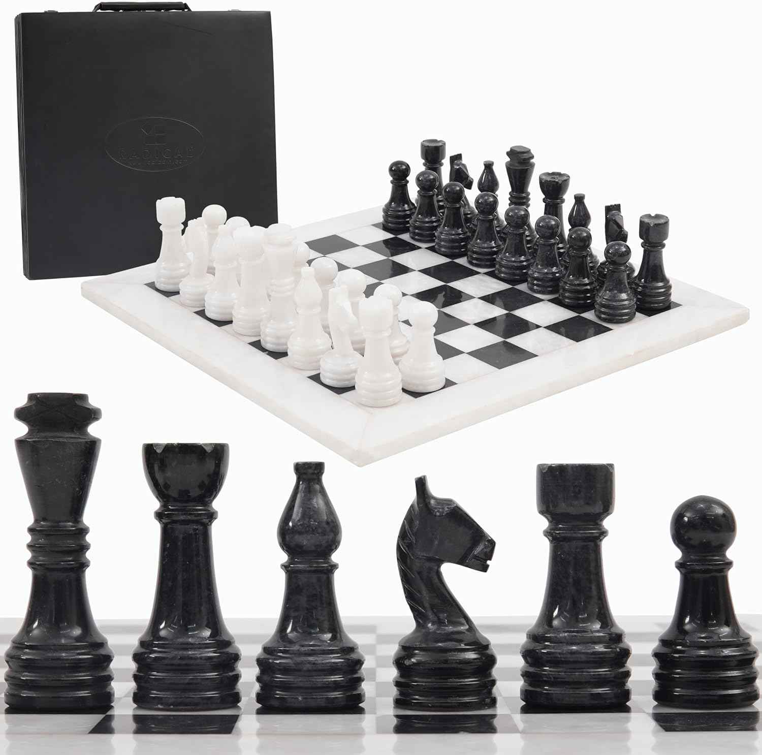 Black and White Marble Chess Set, 15" Board, 34 Hand-Polished Pieces, Storage Box