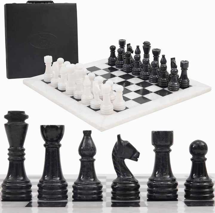 Black and White Marble Chess Set, 15" Board, 34 Hand-Polished Pieces, Storage Box