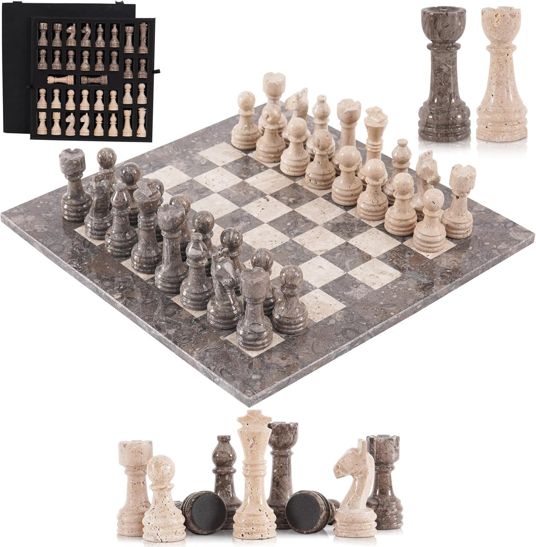 Marble Chess Set 15" Inches Handmade Oceanic & Travertine