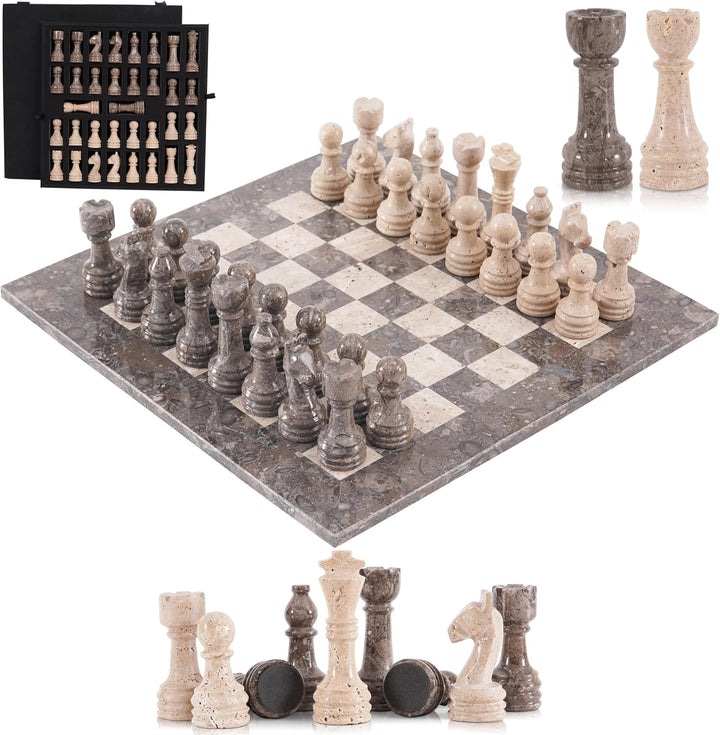 Marble Chess Set 15" Inches Handmade Oceanic & Travertine