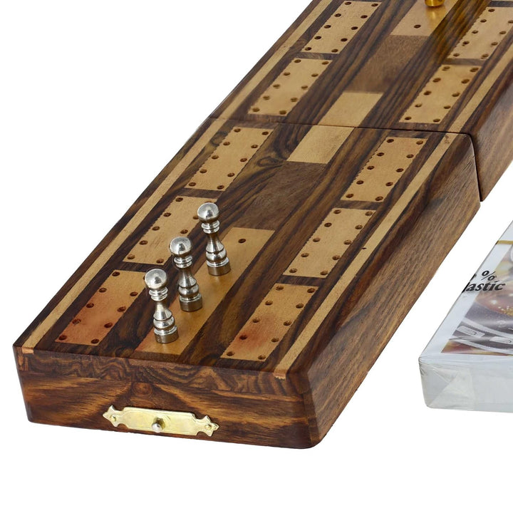 Wooden Game Cribbage Boards and 6 Metal Cribbage Pegs Set with Storage
